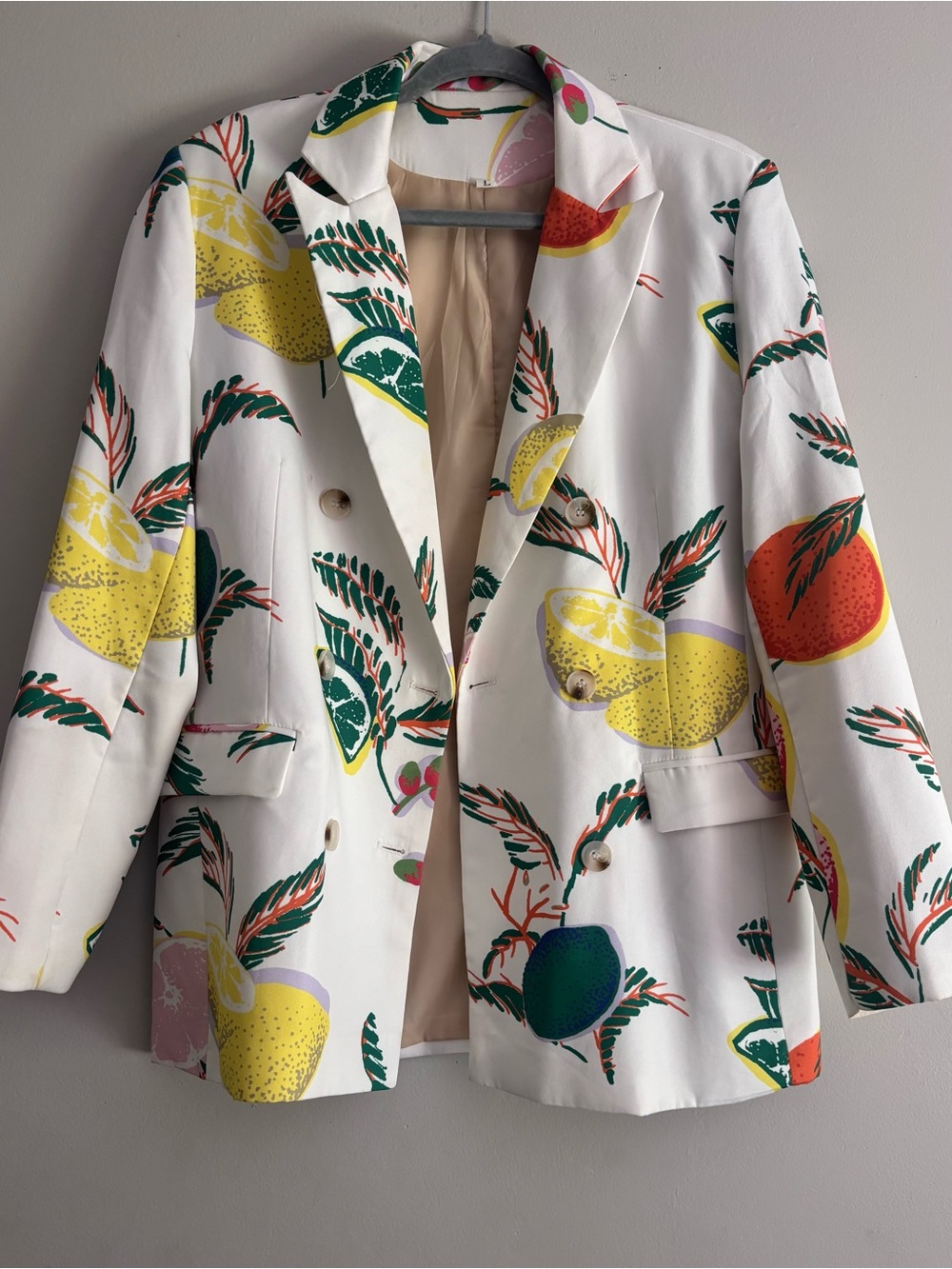 Women's White Fruit-Print Double-Breasted Blazer